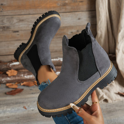 Stylish Suede Chelsea Boots for Women with Round Toe Platform Chunky Sole Style