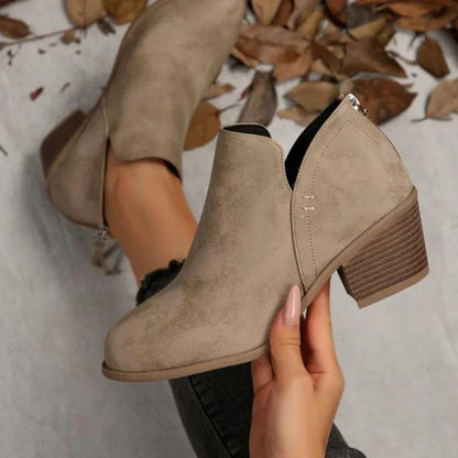 Comfortable Booties for Women with Round Toe Side Zip Block Heel V Cut Ankle Style