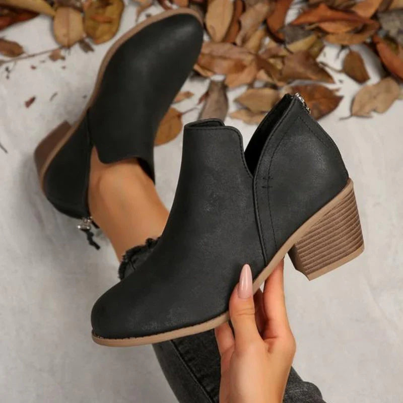 Comfortable Booties for Women with Round Toe Side Zip Block Heel V Cut Ankle Style
