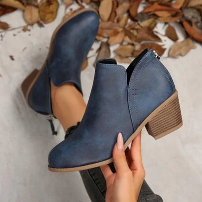 Comfortable Booties for Women with Round Toe Side Zip Block Heel V Cut Ankle Style