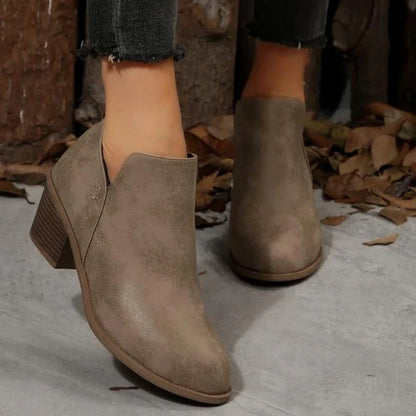 Comfortable Booties for Women with Round Toe Side Zip Block Heel V Cut Ankle Style