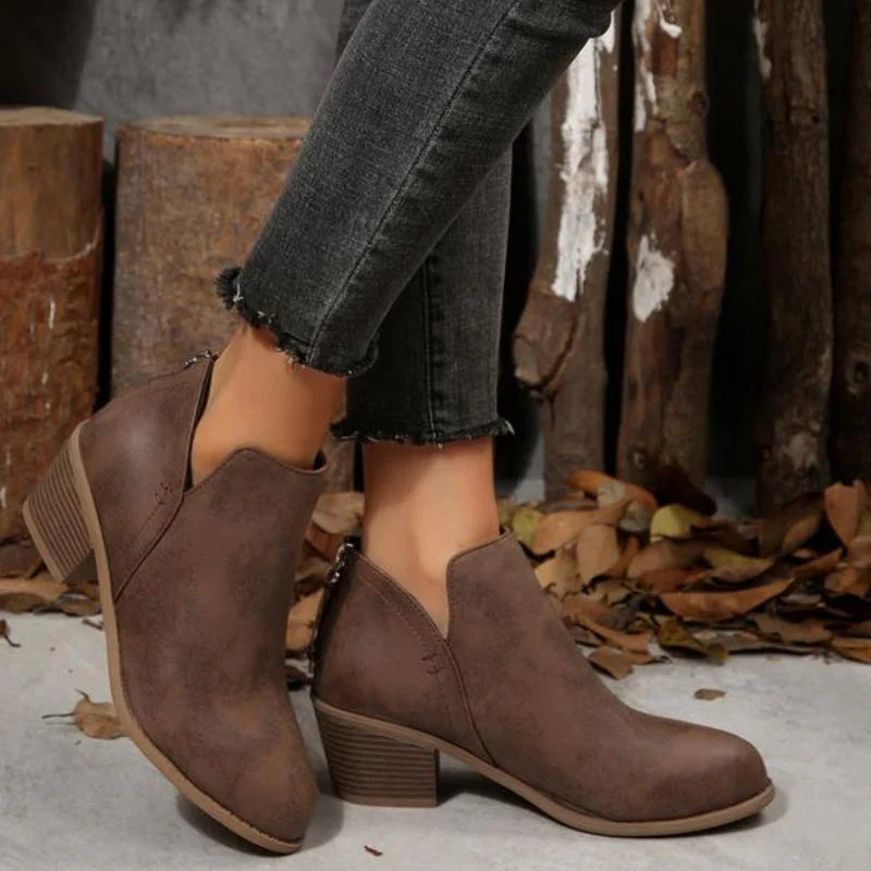 Comfortable Booties for Women with Round Toe Side Zip Block Heel V Cut Ankle Style