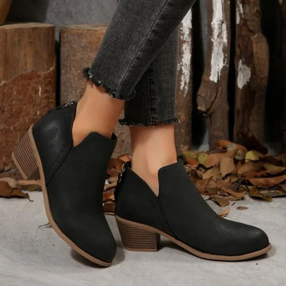 Comfortable Booties for Women with Round Toe Side Zip Block Heel V Cut Ankle Style