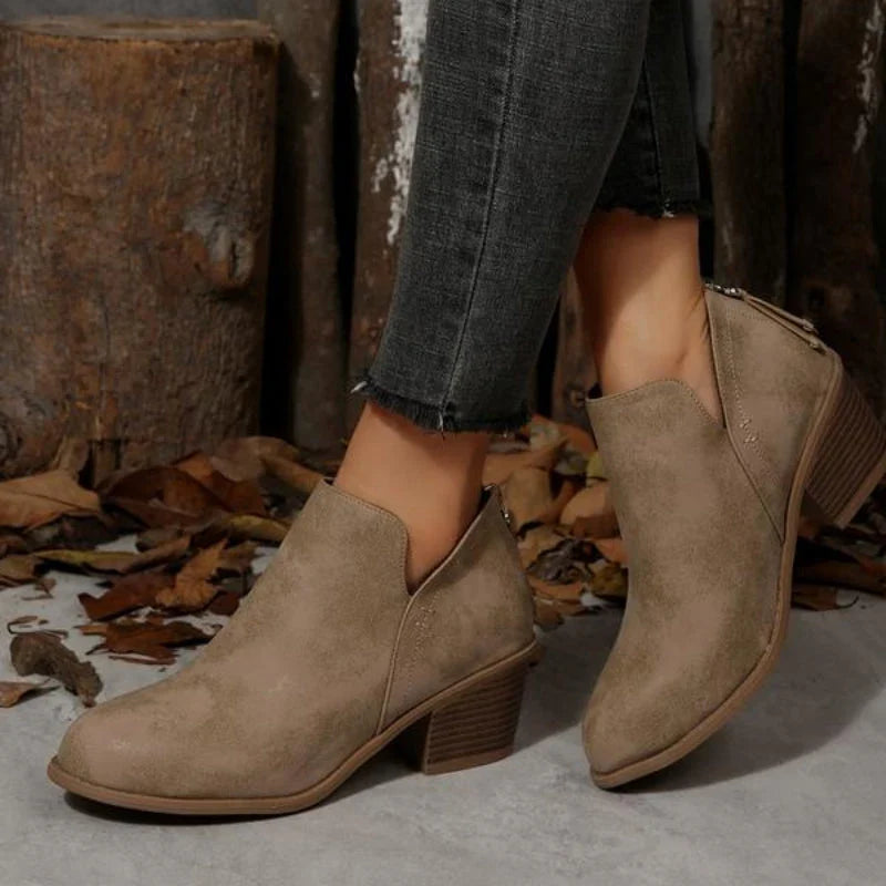 Comfortable Booties for Women with Round Toe Side Zip Block Heel V Cut Ankle Style
