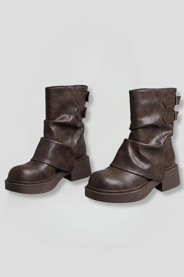Comfortable Wide Calf Boots for Women with Fold Over Cuff Buckle Block Heel Mid Calf Style