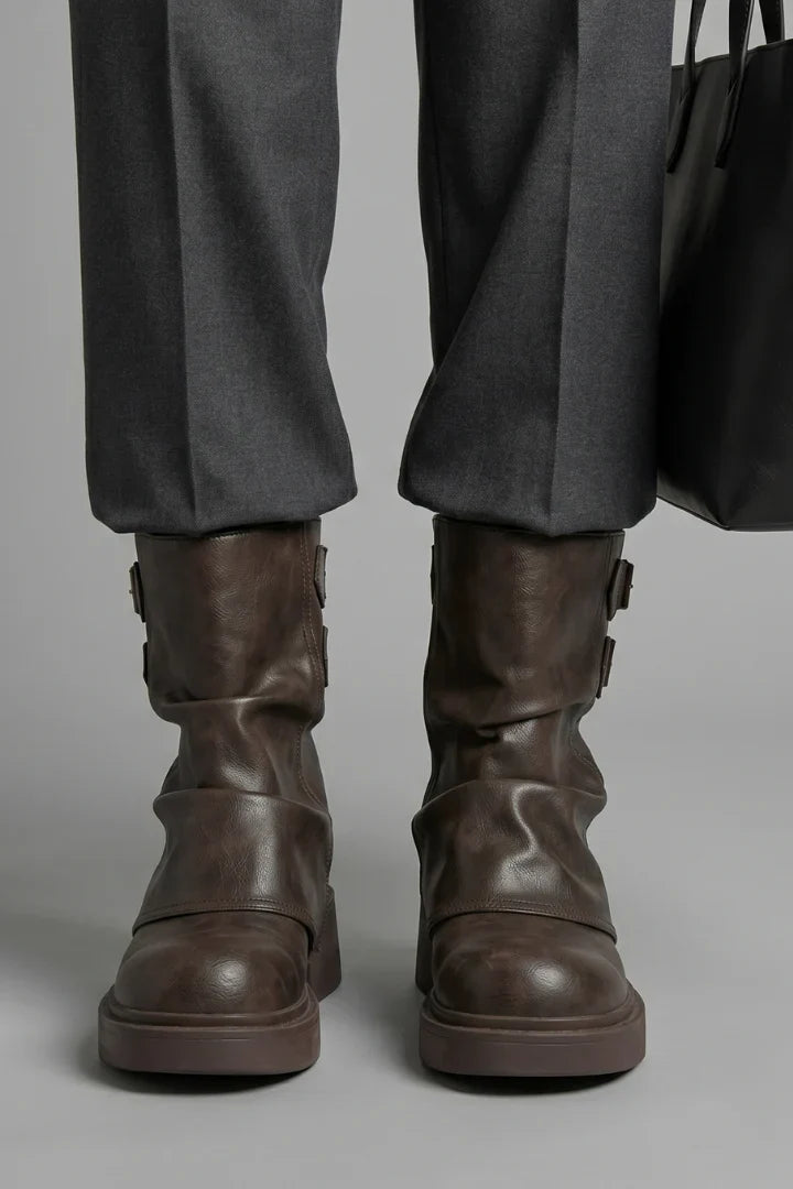 Comfortable Wide Calf Boots for Women with Fold Over Cuff Buckle Block Heel Mid Calf Style