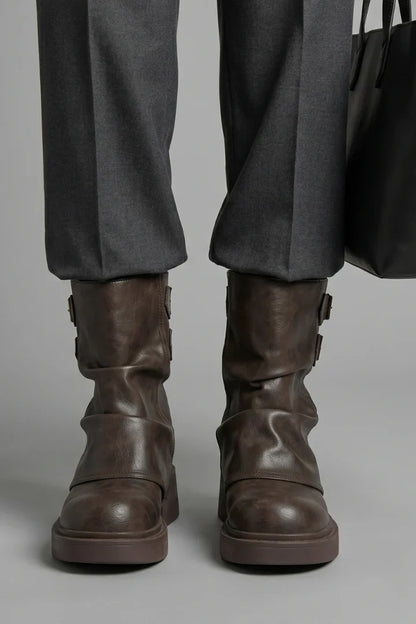 Comfortable Wide Calf Boots for Women with Fold Over Cuff Buckle Block Heel Mid Calf Style