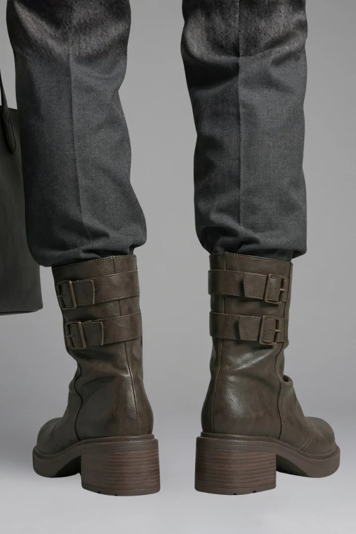 Comfortable Wide Calf Boots for Women with Fold Over Cuff Buckle Block Heel Mid Calf Style