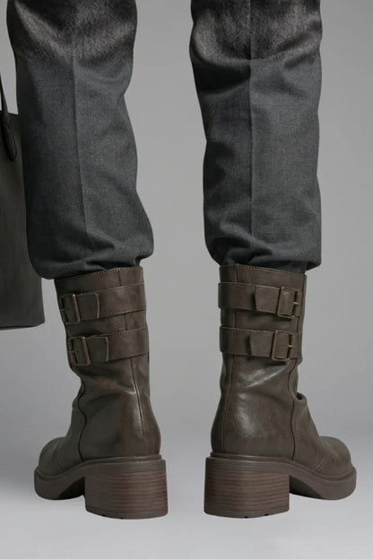 Comfortable Wide Calf Boots for Women with Fold Over Cuff Buckle Block Heel Mid Calf Style