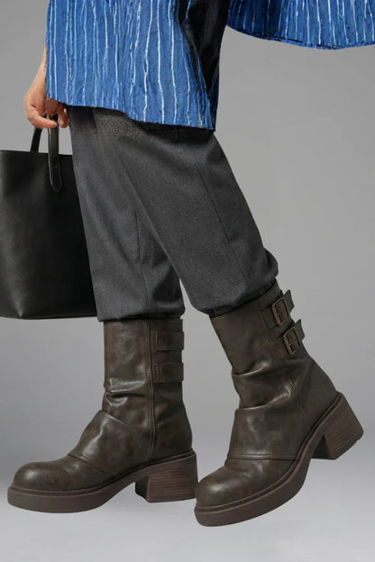 Comfortable Wide Calf Boots for Women with Fold Over Cuff Buckle Block Heel Mid Calf Style
