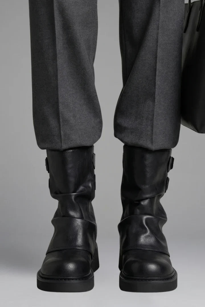 Comfortable Wide Calf Boots for Women with Fold Over Cuff Buckle Block Heel Mid Calf Style