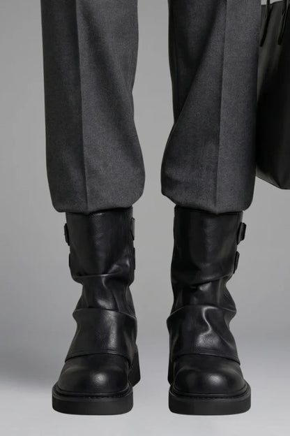 Comfortable Wide Calf Boots for Women with Fold Over Cuff Buckle Block Heel Mid Calf Style