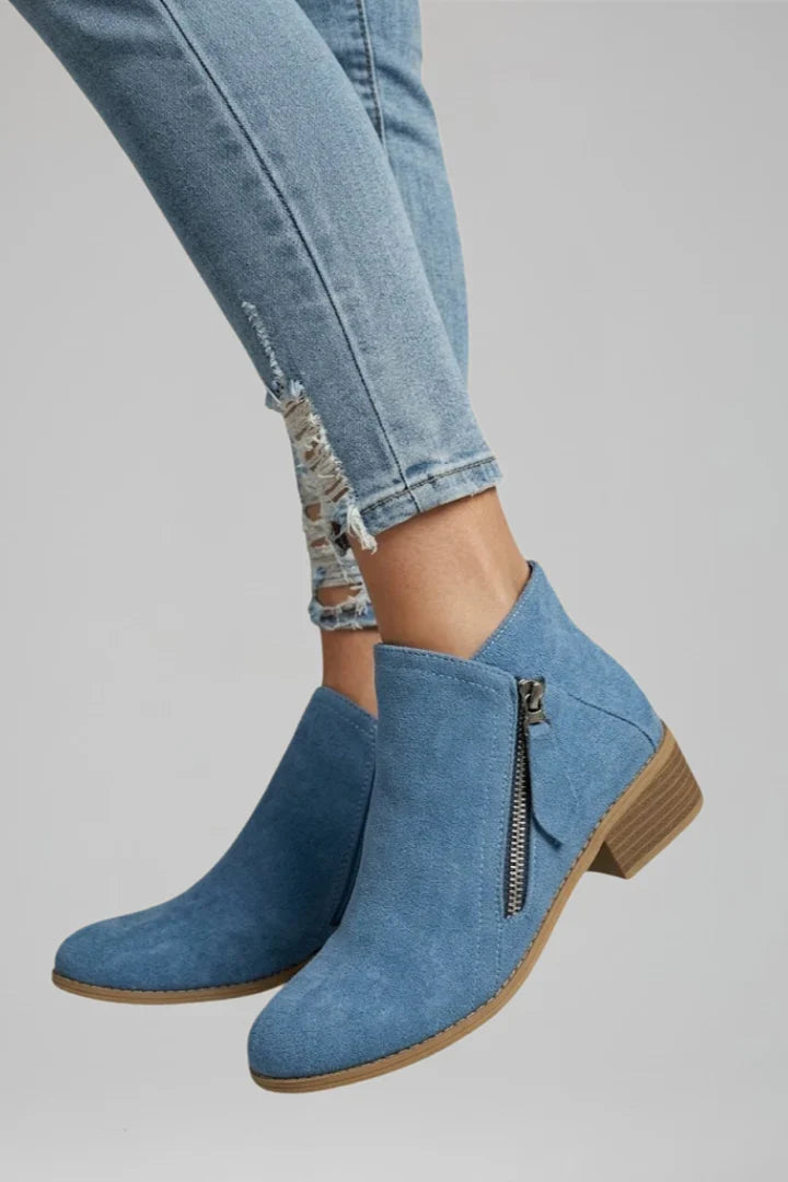 Effortless Booties for Women with Round Toe Side Zip Block Heel Suede Ankle Style