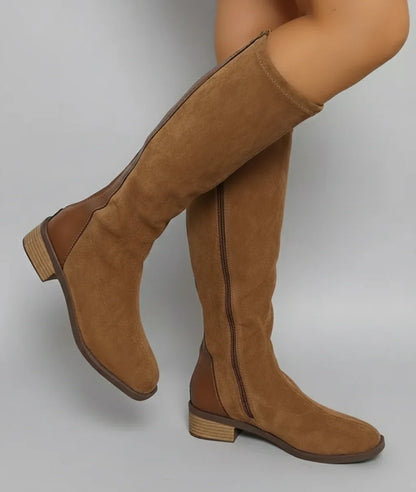 Stylish Tan Suede Knee High Boots for Women with Round Toe Block Heel Side Zip Style