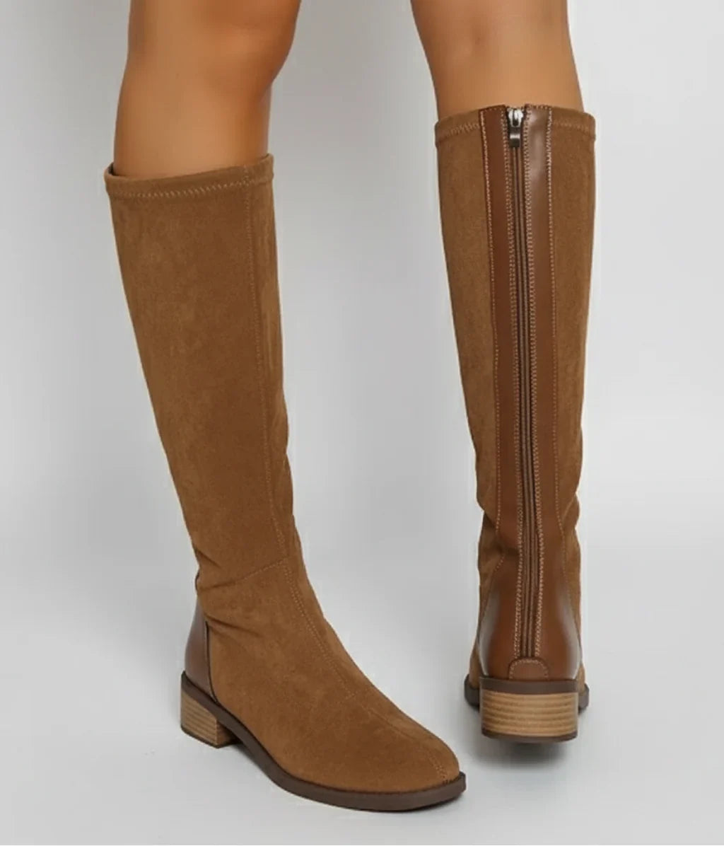 Stylish Tan Suede Knee High Boots for Women with Round Toe Block Heel Side Zip Style
