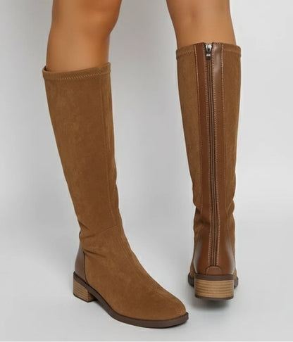 Stylish Tan Suede Knee High Boots for Women with Round Toe Block Heel Side Zip Style