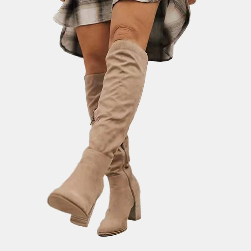 Stylish Suede Knee High Boots for Women with Ruched Block Heel Slouchy Style