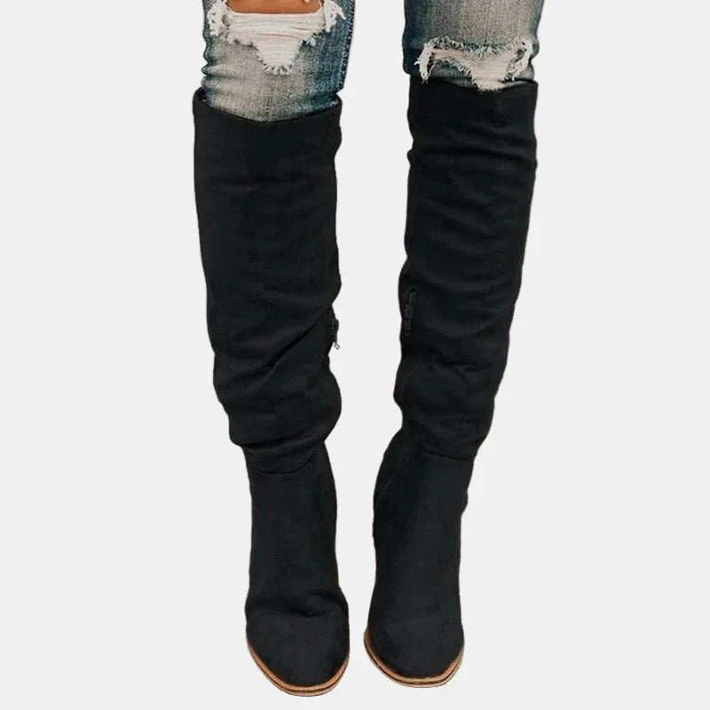 Stylish Suede Knee High Boots for Women with Ruched Block Heel Slouchy Style