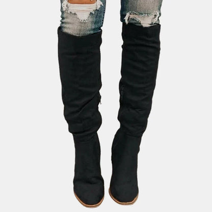 Stylish Suede Knee High Boots for Women with Ruched Block Heel Slouchy Style