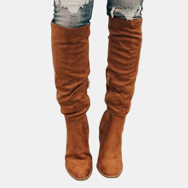 Stylish Suede Knee High Boots for Women with Ruched Block Heel Slouchy Style