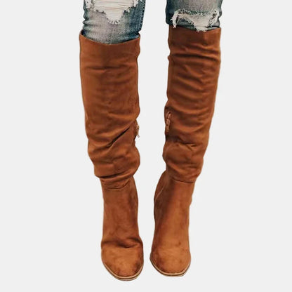 Stylish Suede Knee High Boots for Women with Ruched Block Heel Slouchy Style