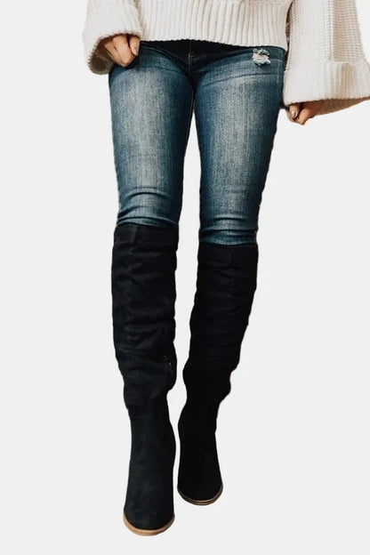 Stylish Suede Knee High Boots for Women with Ruched Block Heel Slouchy Style