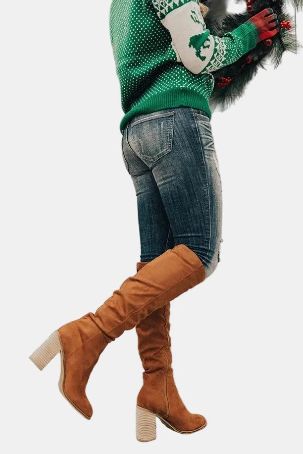 Stylish Suede Knee High Boots for Women with Ruched Block Heel Slouchy Style