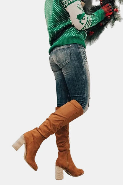 Stylish Suede Knee High Boots for Women with Ruched Block Heel Slouchy Style
