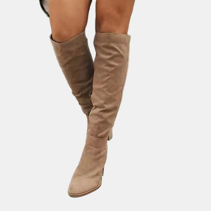 Stylish Suede Knee High Boots for Women with Ruched Block Heel Slouchy Style