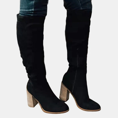 Stylish Suede Knee High Boots for Women with Ruched Block Heel Slouchy Style