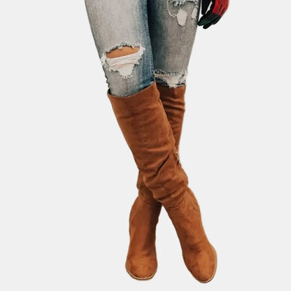 Stylish Suede Knee High Boots for Women with Ruched Block Heel Slouchy Style
