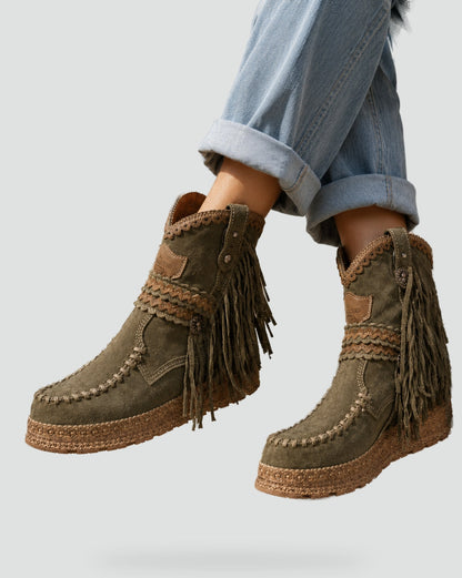 Boho Booties for Women with Fringe Trim Embroidered Platform Wedge Moccasin Style