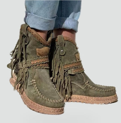 Boho Booties for Women with Fringe Trim Embroidered Platform Wedge Moccasin Style