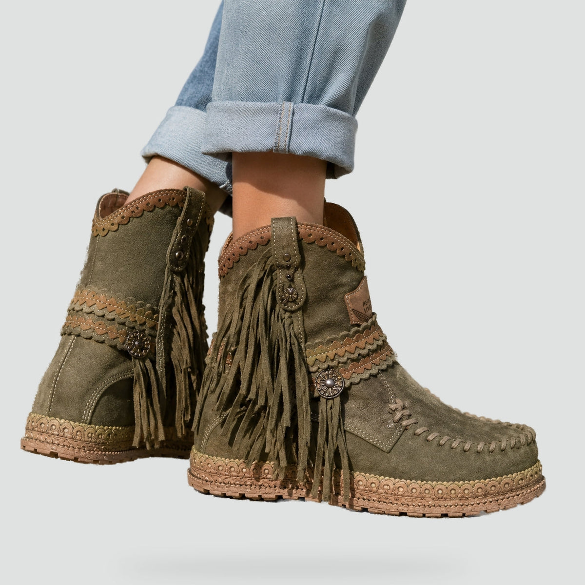 Boho Booties for Women with Fringe Trim Embroidered Platform Wedge Moccasin Style