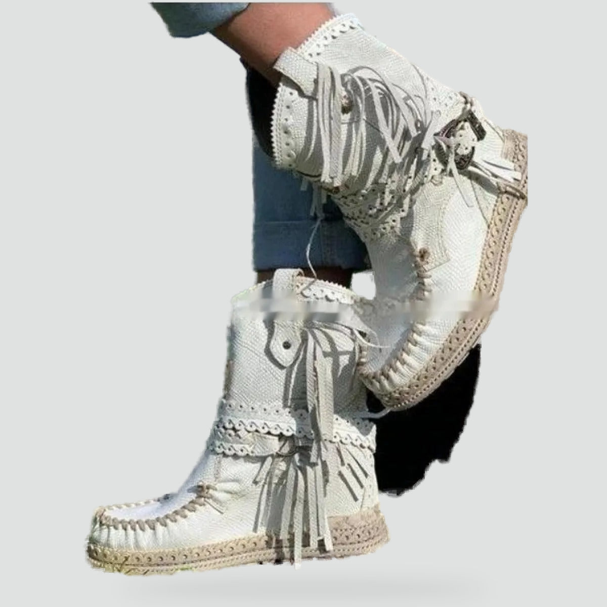 Boho Booties for Women with Fringe Trim Embroidered Platform Wedge Moccasin Style