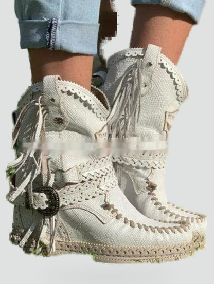 Boho Booties for Women with Fringe Trim Embroidered Platform Wedge Moccasin Style