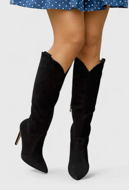 Sleek Black Leather Women's Boots for Women with Pointed Toe Stiletto Heel Knee High Chic Style