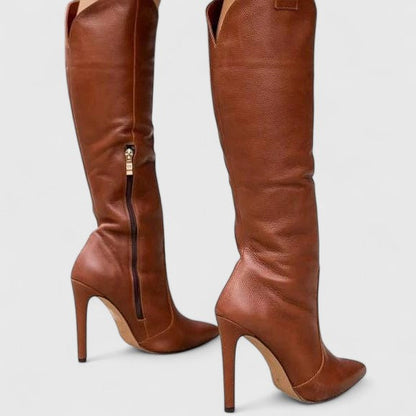 Sleek Black Leather Women's Boots for Women with Pointed Toe Stiletto Heel Knee High Chic Style