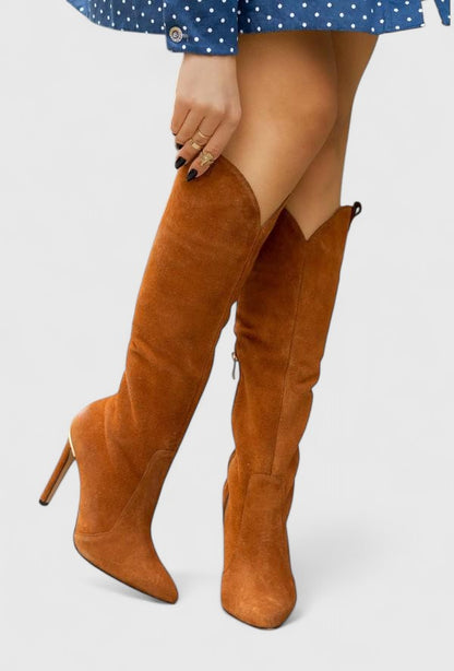 Sleek Black Leather Women's Boots for Women with Pointed Toe Stiletto Heel Knee High Chic Style