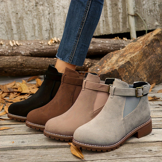 Stylish Suede Chelsea Boots for Women with Round Toe Buckle Strap Chunky Sole Casual Style