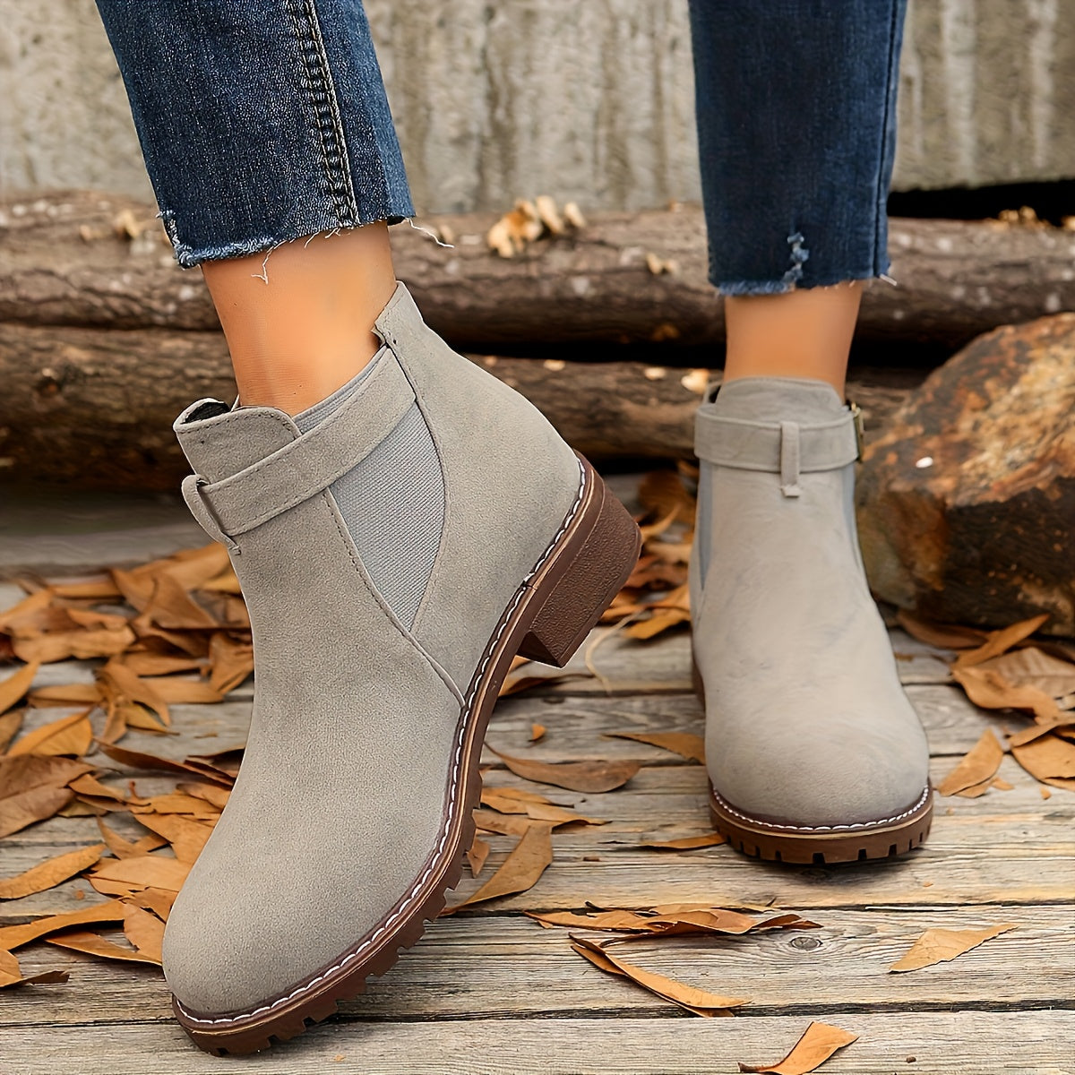 Stylish Suede Chelsea Boots for Women with Round Toe Buckle Strap Chunky Sole Casual Style