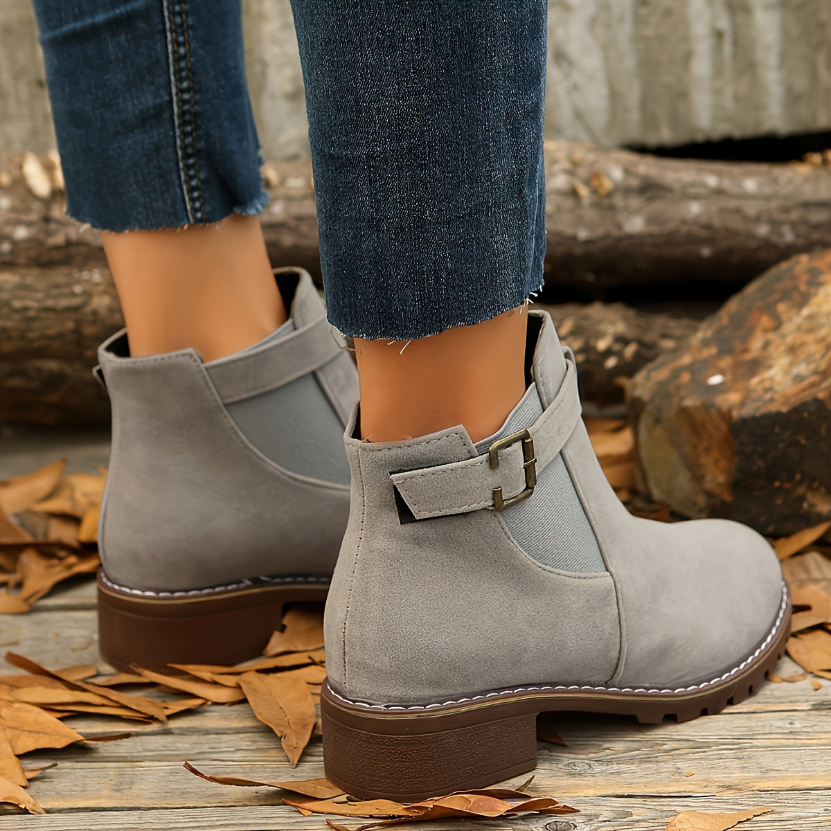 Stylish Suede Chelsea Boots for Women with Round Toe Buckle Strap Chunky Sole Casual Style