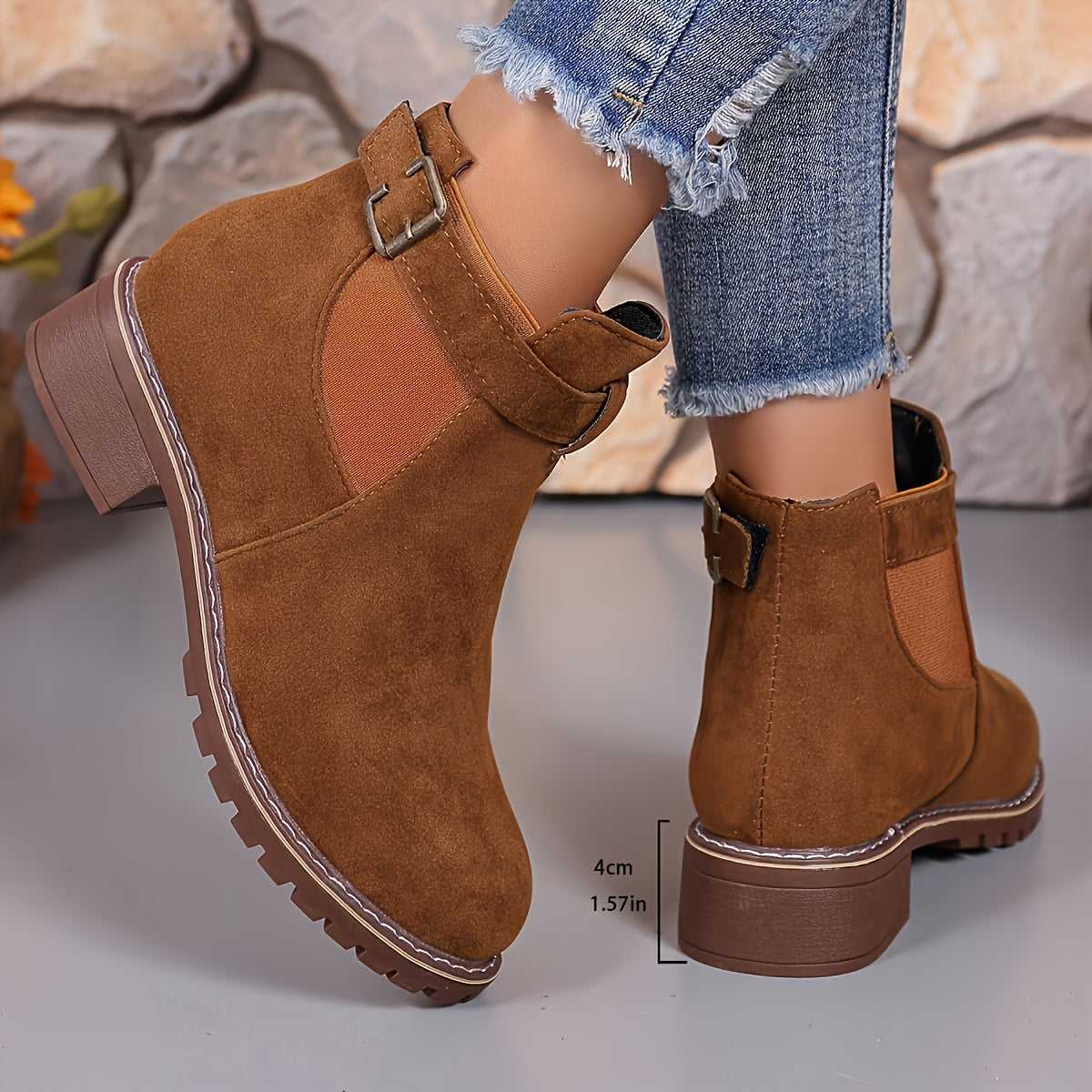 Stylish Suede Chelsea Boots for Women with Round Toe Buckle Strap Chunky Sole Casual Style