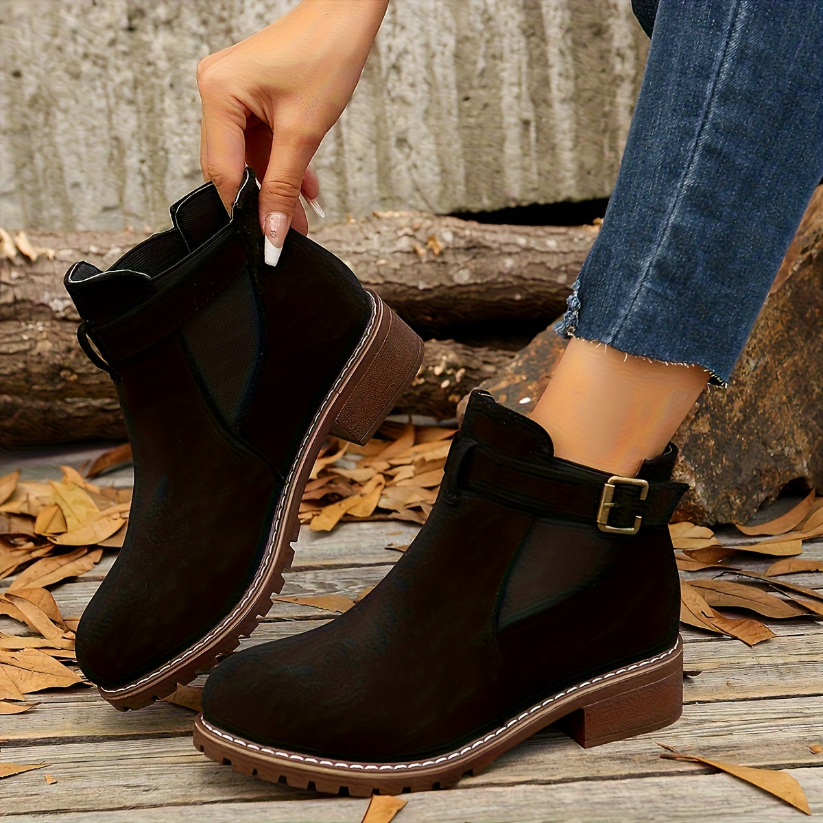 Stylish Suede Chelsea Boots for Women with Round Toe Buckle Strap Chunky Sole Casual Style