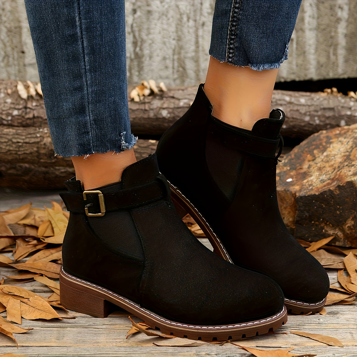 Stylish Suede Chelsea Boots for Women with Round Toe Buckle Strap Chunky Sole Casual Style