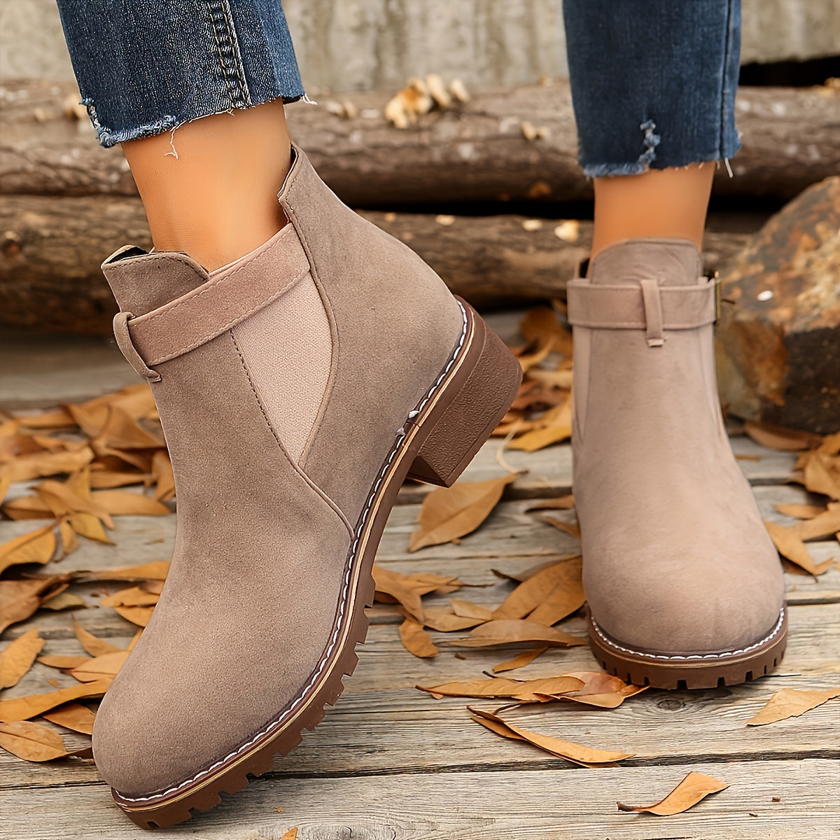 Stylish Suede Chelsea Boots for Women with Round Toe Buckle Strap Chunky Sole Casual Style