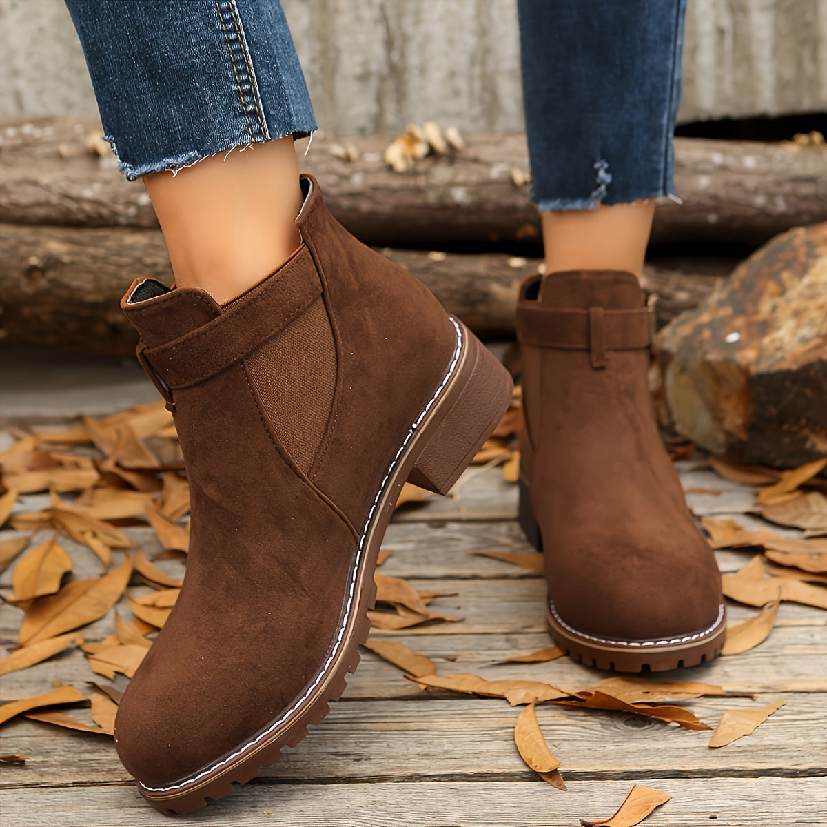 Stylish Suede Chelsea Boots for Women with Round Toe Buckle Strap Chunky Sole Casual Style