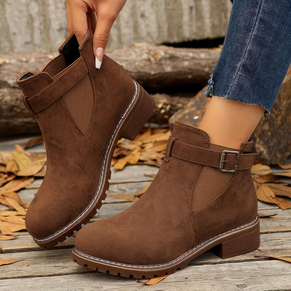 Stylish Suede Chelsea Boots for Women with Round Toe Buckle Strap Chunky Sole Casual Style