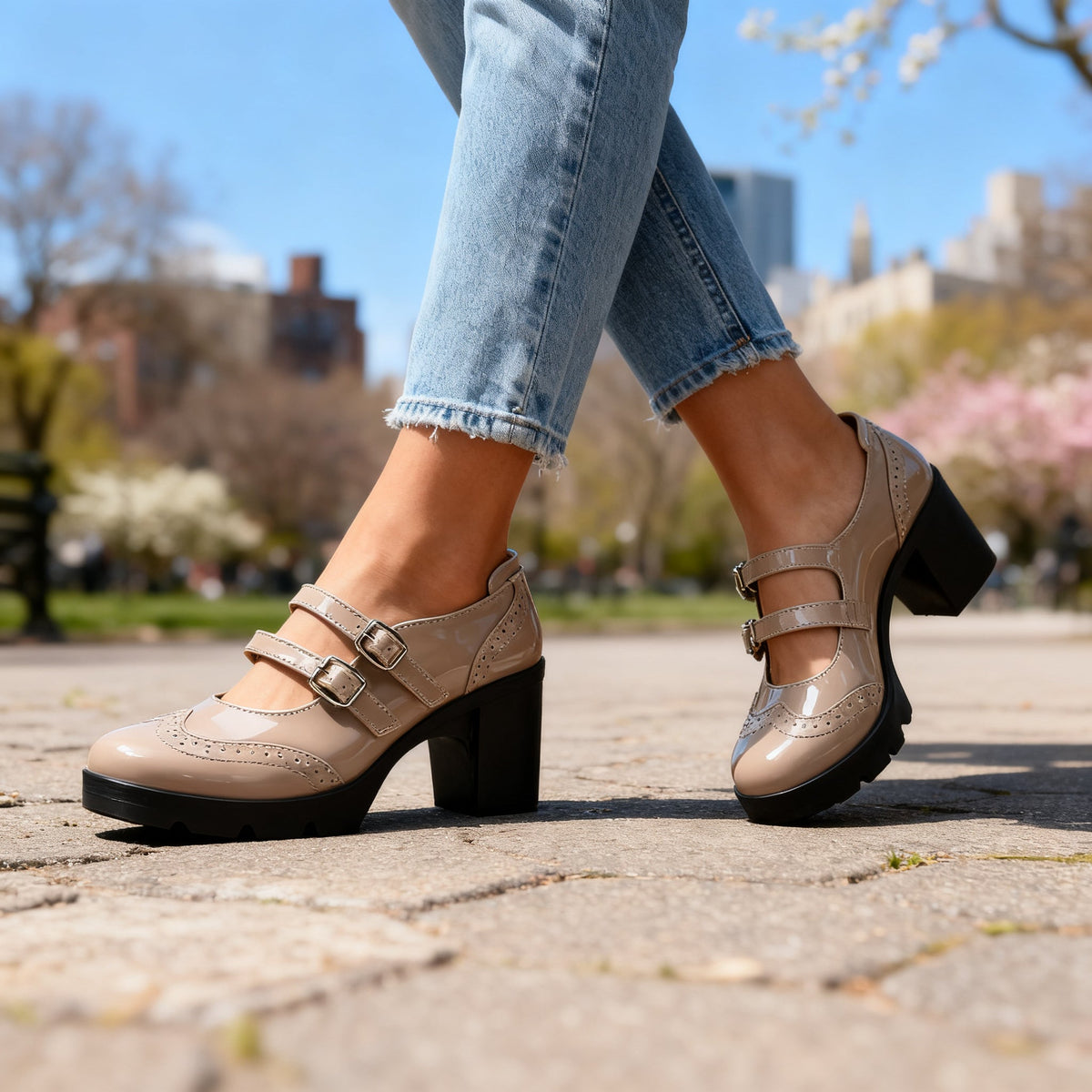 Chic Mary Jane Shoes for Women with Round Toe Double Strap Platform Block Heel Brogue Style