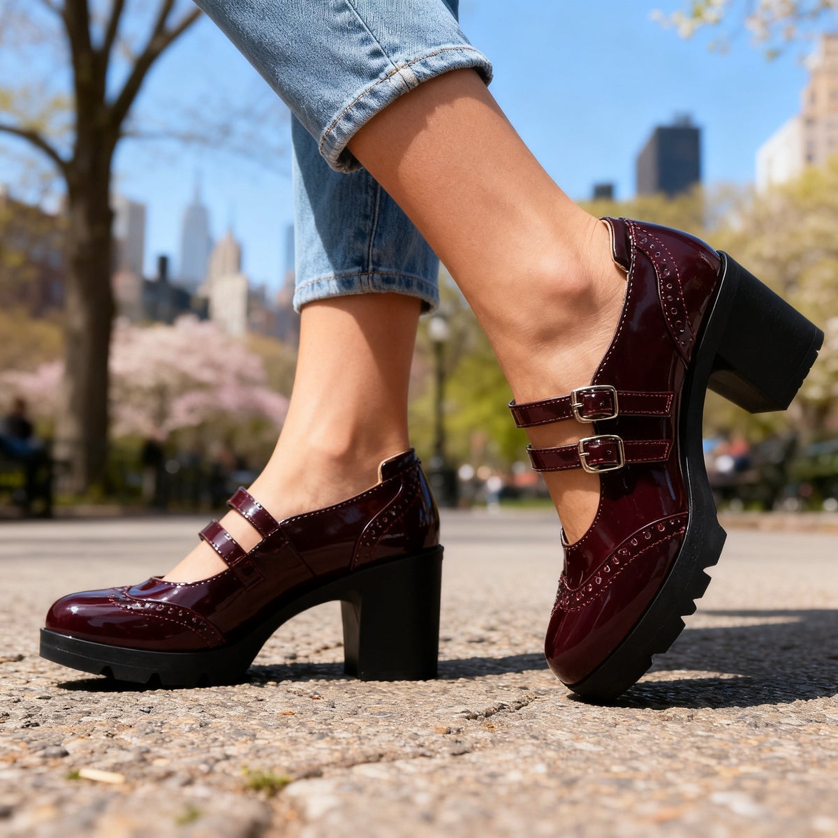 Chic Mary Jane Shoes for Women with Round Toe Double Strap Platform Block Heel Brogue Style